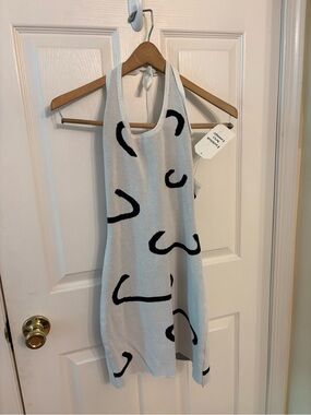 NWT Fashion Sexy Lounge Knit Mini Dress S Halter Abstract Face Graphic White